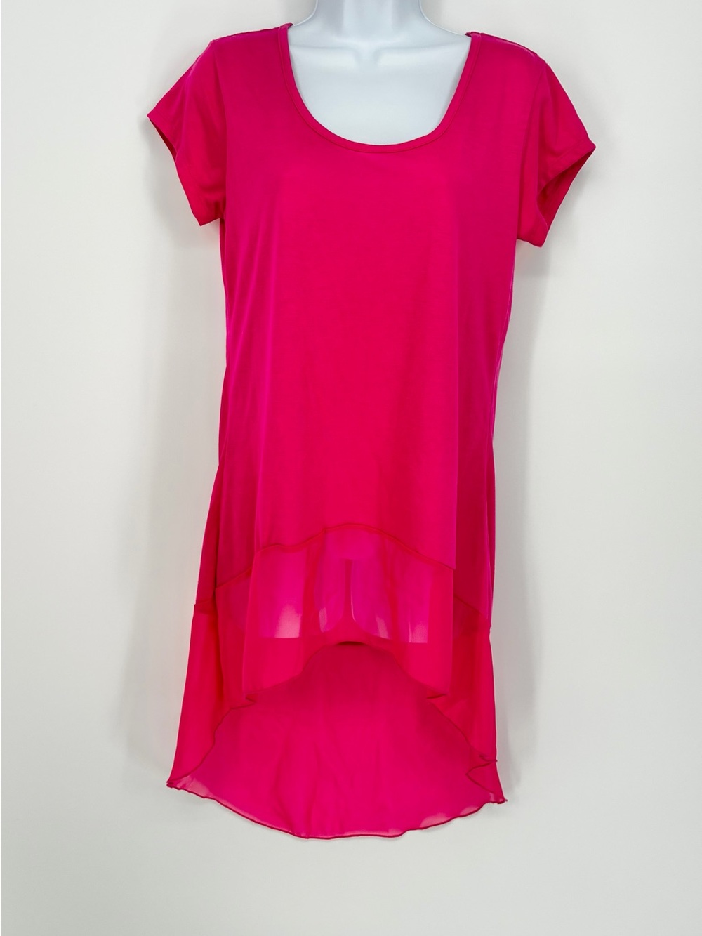 Bobbie Brooks Hot Pink Hi-Low Tunic Top Layered Sheer Hem Size M